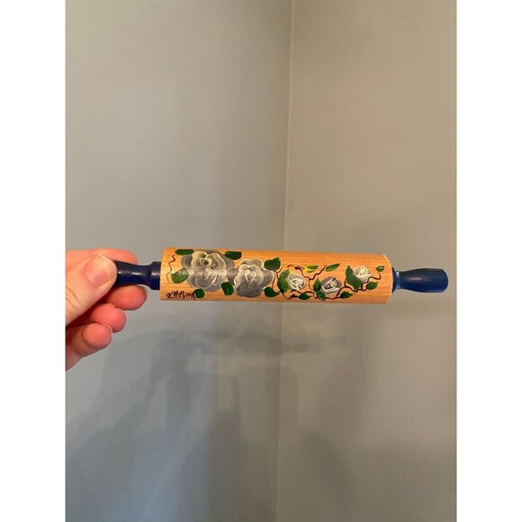 Vintage Hand Painted Miniature Wooden Rolling Pin W/ Blue Handles & Rose Design - Picture 1 of 5